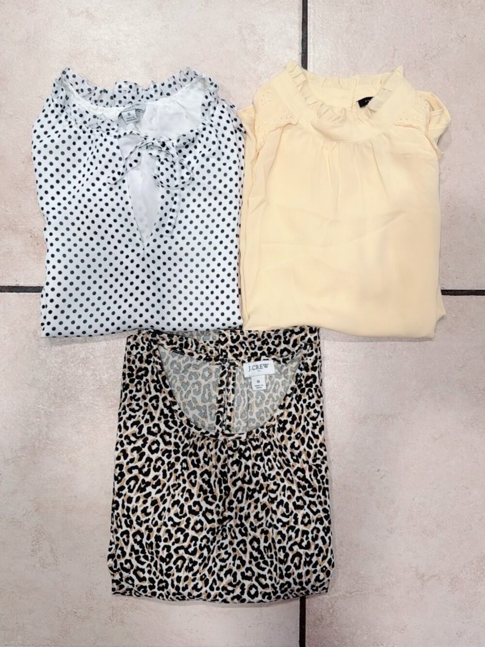 Lot of 3 Womens Tops J.Crew Leopard & Polka Dot S + Ann Taylor Yellow XS